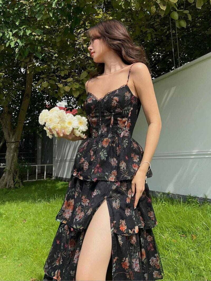 Black Floral Ruffled Dress