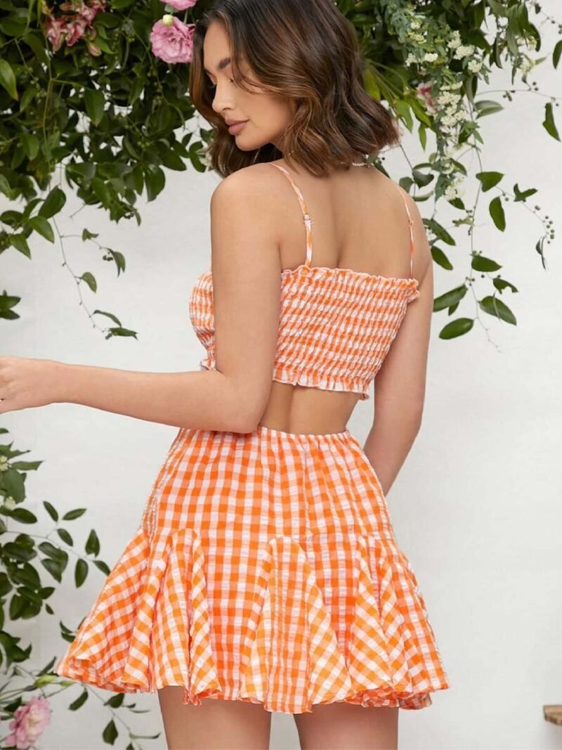 Orange and White Checked Cutout Dress