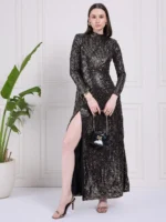 Black Sequin High Neck Slit Dress