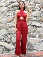 Red Satin Halter Neck Jumpsuit-2 Red Satin Halter Neck Jumpsuit
