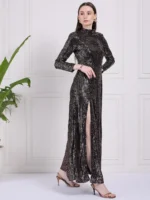 Black Sequin High Neck Slit Dress