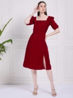 Rosy Red Square Neck Velvet Dress-5 Rosy Red Square Neck Velvet Dress