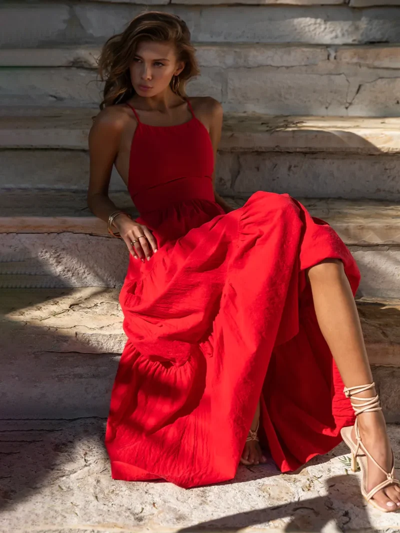 Red Pure Cotton Tiered Dress