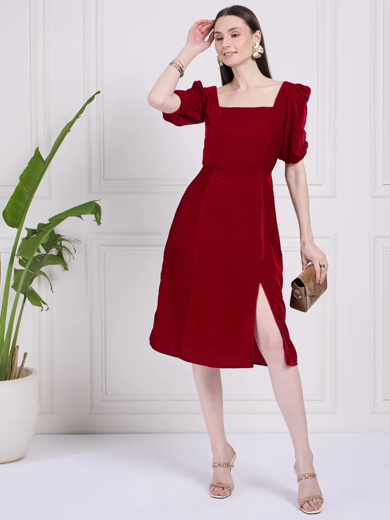 Rosy Red Square Neck Velvet Dress