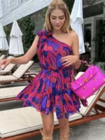 Pink Abstract Printed One Shoulder Dress
