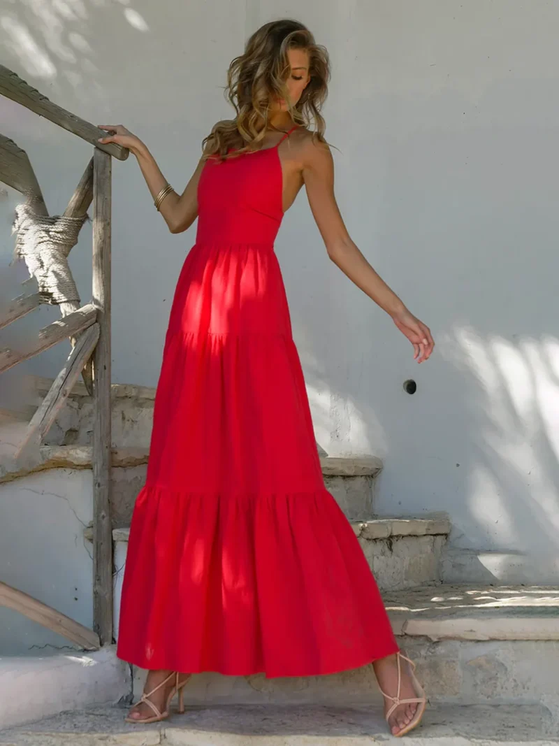 Red Pure Cotton Tiered Dress