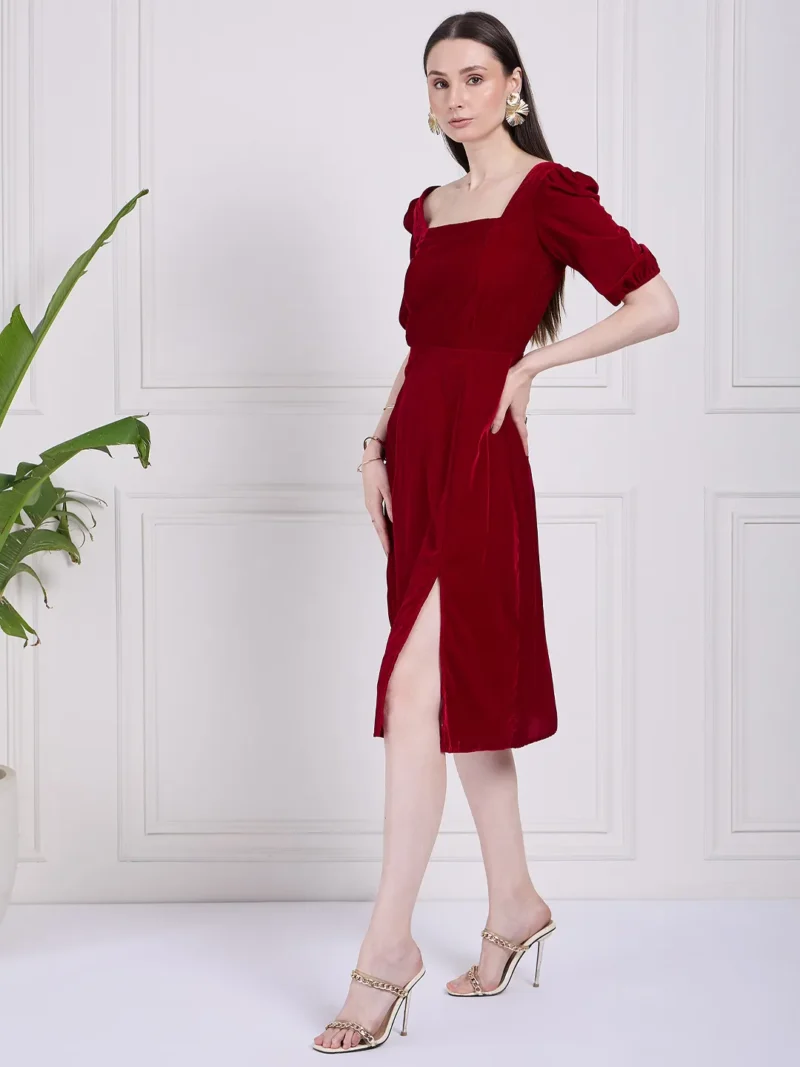 Rosy Red Square Neck Velvet Dress