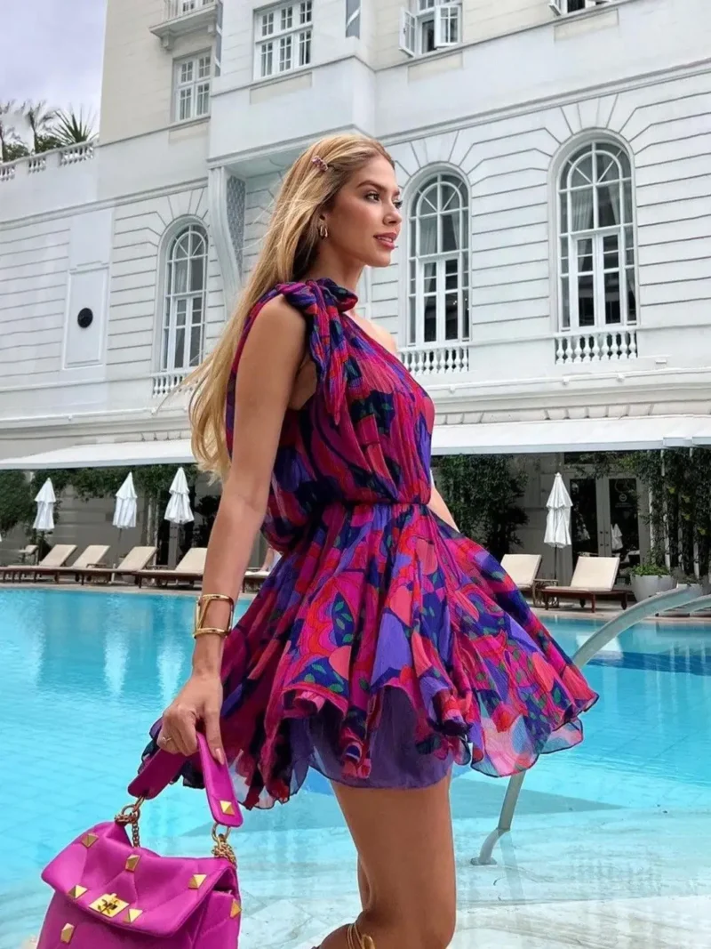 Pink Abstract Printed One Shoulder Dress