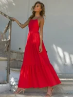 Red Pure Cotton Tiered Dress-4 Red Pure Cotton Tiered Dress