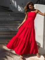 Red Pure Cotton Tiered Dress-5 Red Pure Cotton Tiered Dress