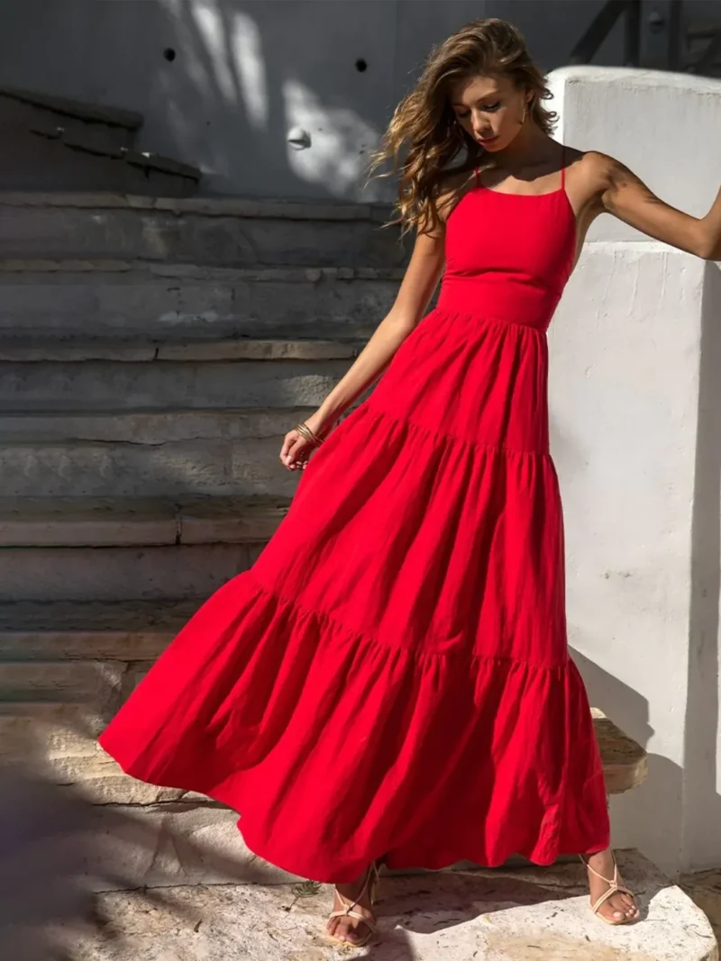 Red Pure Cotton Tiered Dress