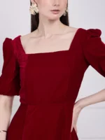 Rosy Red Square Neck Velvet Dress-1 Rosy Red Square Neck Velvet Dress