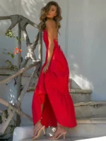 Red Pure Cotton Tiered Dress-6 Red Pure Cotton Tiered Dress