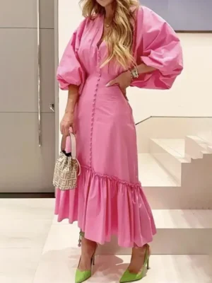 Poppy Pink Puffed Sleeves Cotton Dress