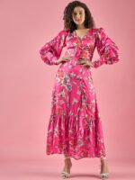 Floral Printed Ballon Sleeves Slit Dress-5 Floral Printed Ballon Sleeves Slit Dress