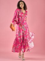 Floral Printed Ballon Sleeves Slit Dress-4 Floral Printed Ballon Sleeves Slit Dress