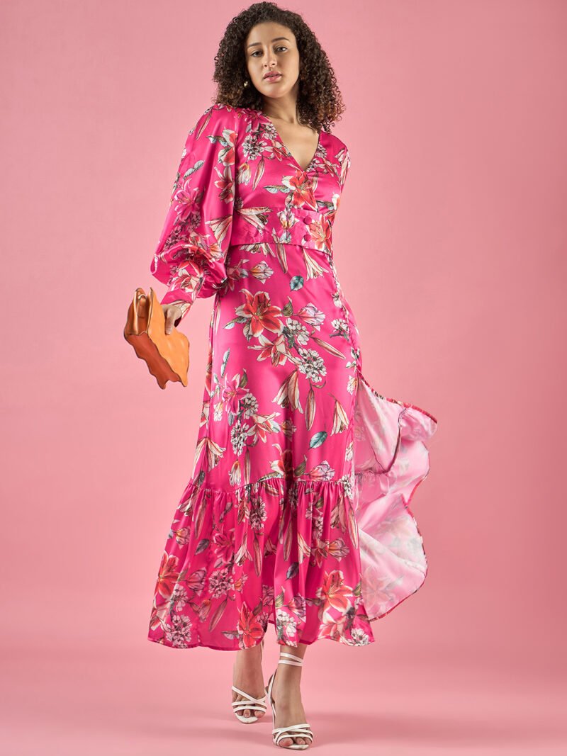 Floral Printed Ballon Sleeves Slit Dress
