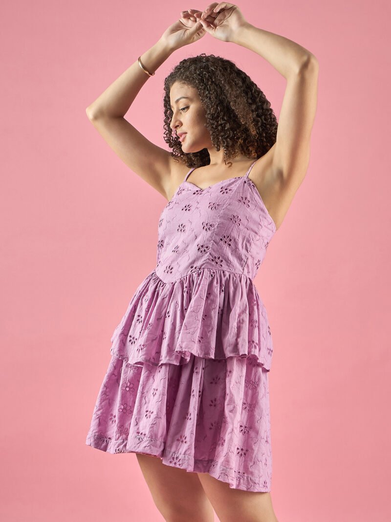 Mauve Schiffli Sweetheart Neck Tiered Dress