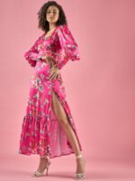 Floral Printed Ballon Sleeves Slit Dress-3 Floral Printed Ballon Sleeves Slit Dress