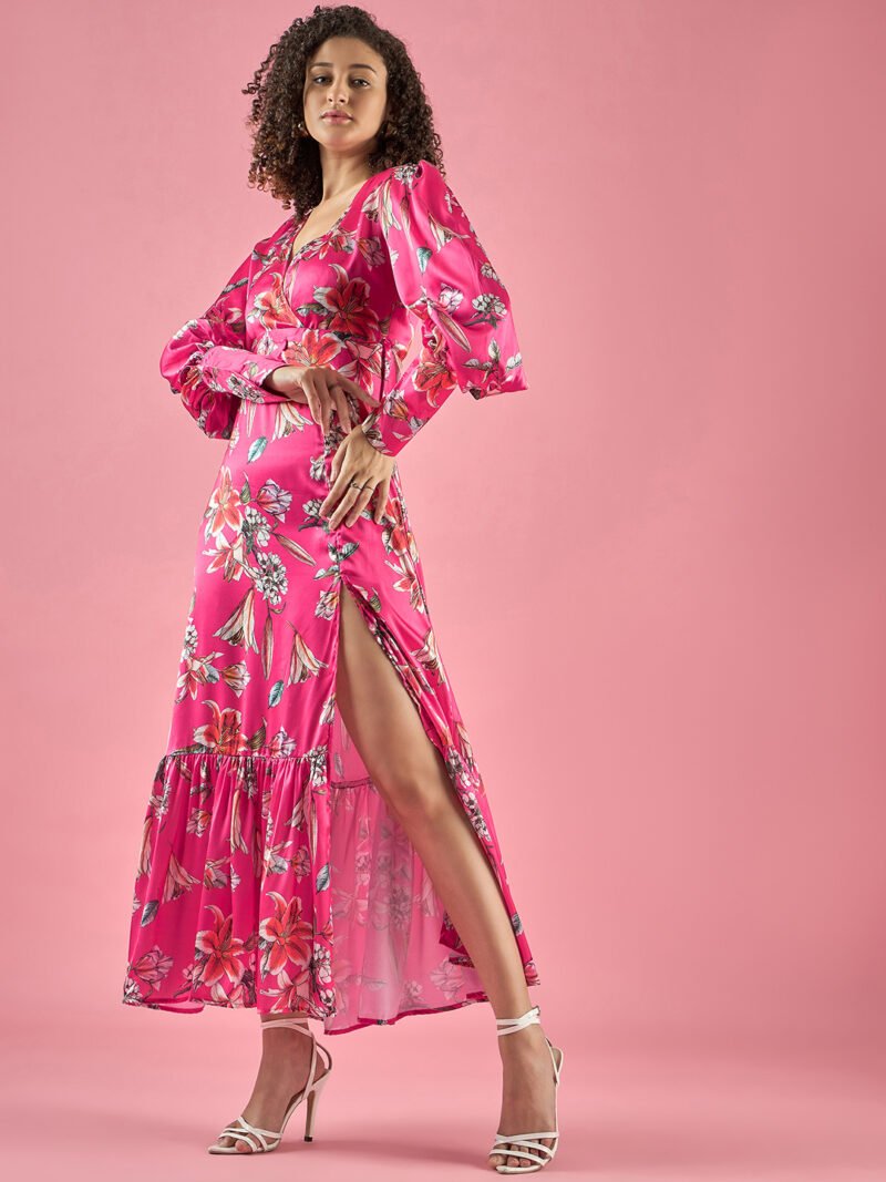 Floral Printed Ballon Sleeves Slit Dress