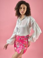 Floral Skirt With White Puffed Sleeves Shirt