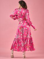 Floral Printed Ballon Sleeves Slit Dress-2 Floral Printed Ballon Sleeves Slit Dress