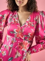 Floral Printed Ballon Sleeves Slit Dress-1 Floral Printed Ballon Sleeves Slit Dress