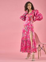 Floral Printed Ballon Sleeves Slit Dress Floral Printed Ballon Sleeves Slit Dress